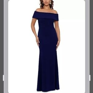 Betsy & Adam Women's Off-The-Shoulder Scuba Crepe Gown in Night Blue